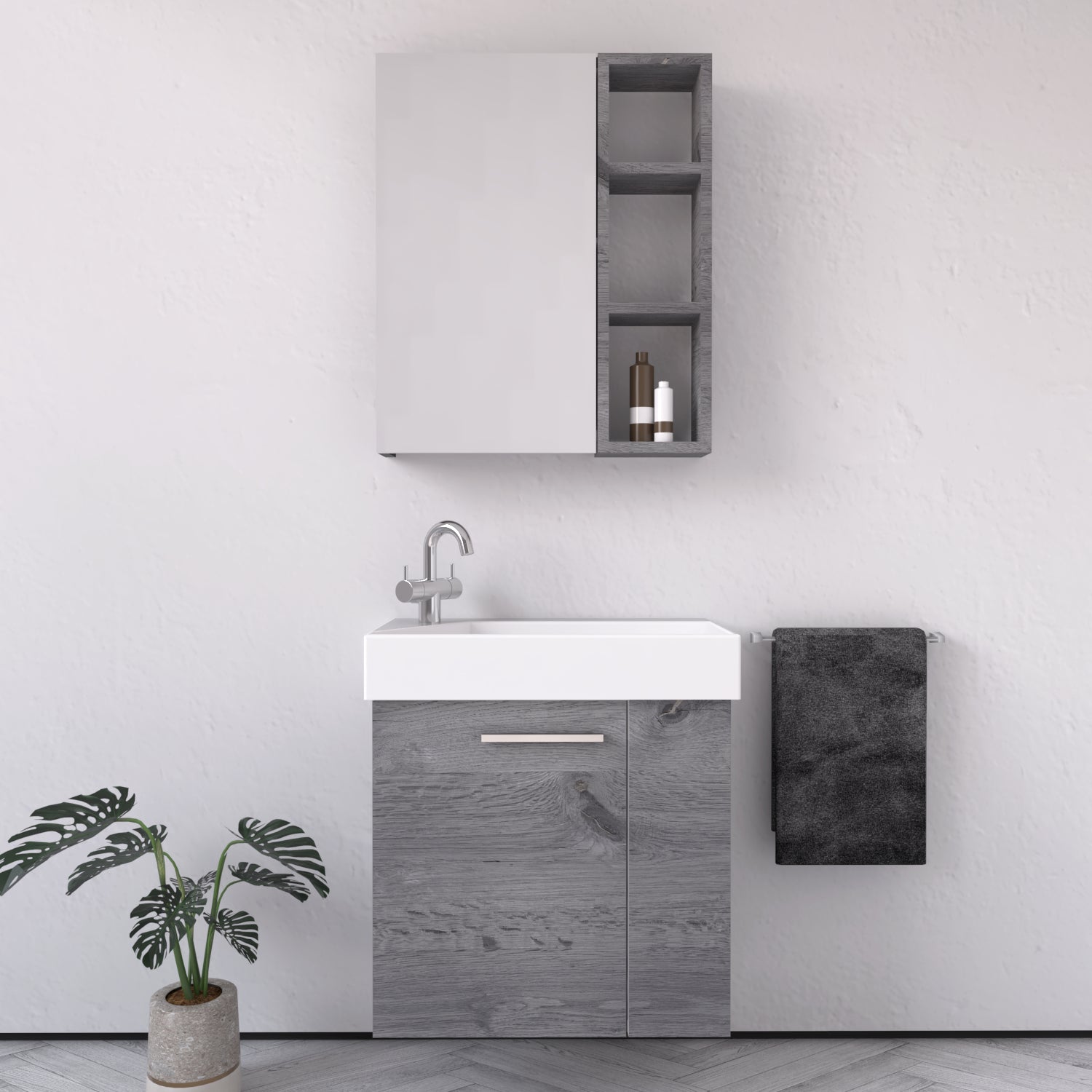 Mobile Bagno Trend 55 cm Rovere Grigio Con Specchio Contenitore - MedaHome
