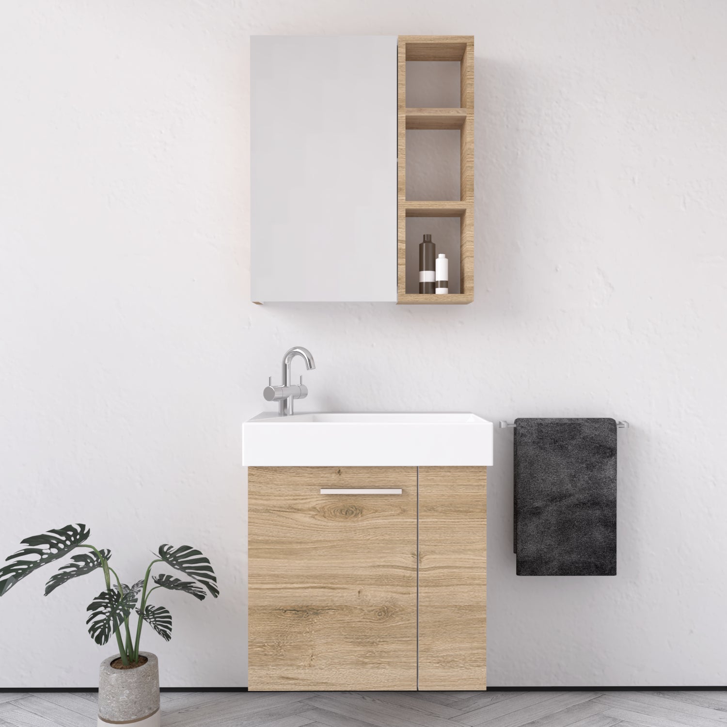 Mobile Bagno Trend 55 cm Rovere Slavonia Con Specchio Contenitore - MedaHome