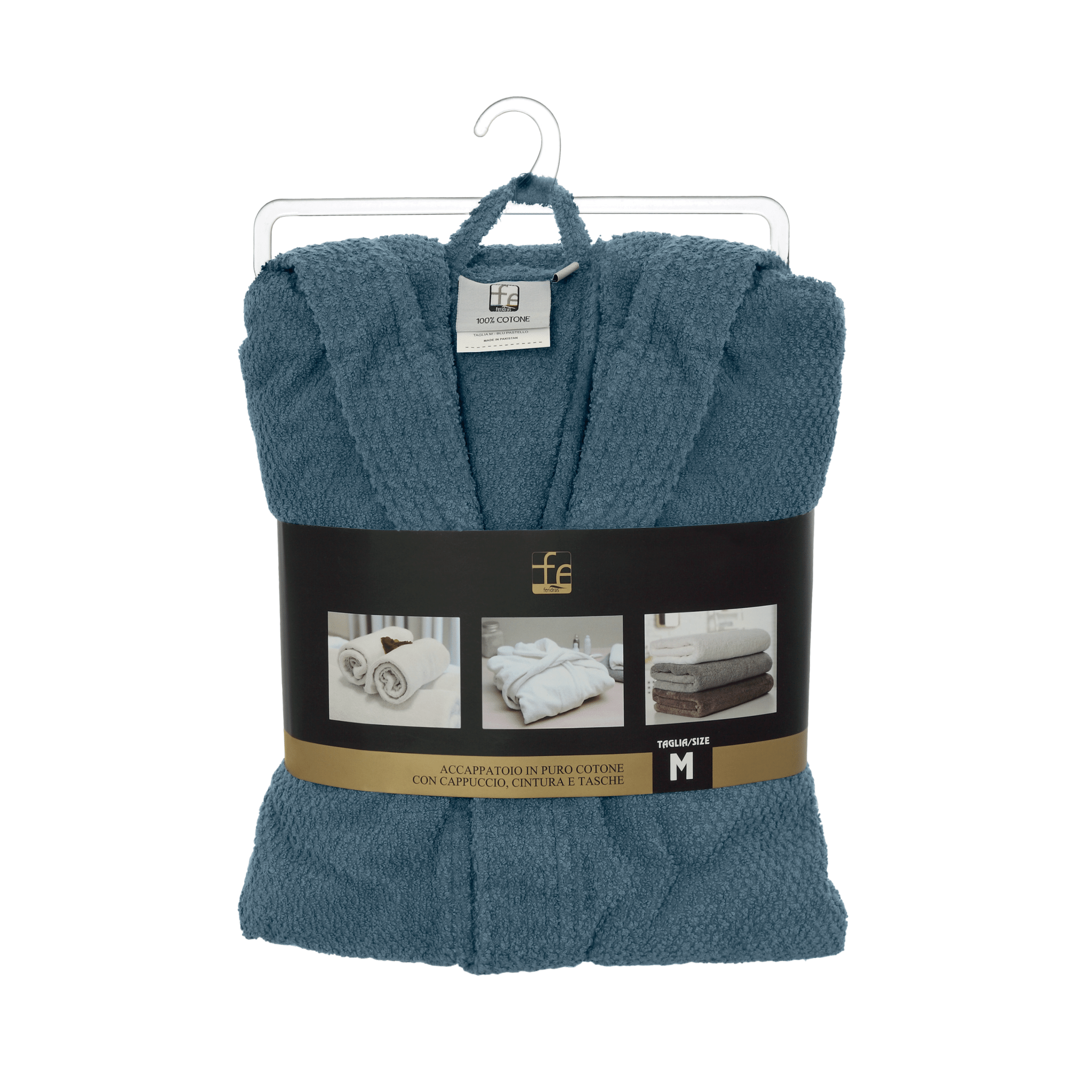Accappatoio Bagno Con Cappuccio Tasche e Cintura Taglia S Feridras "Gold" Blu Pastello
