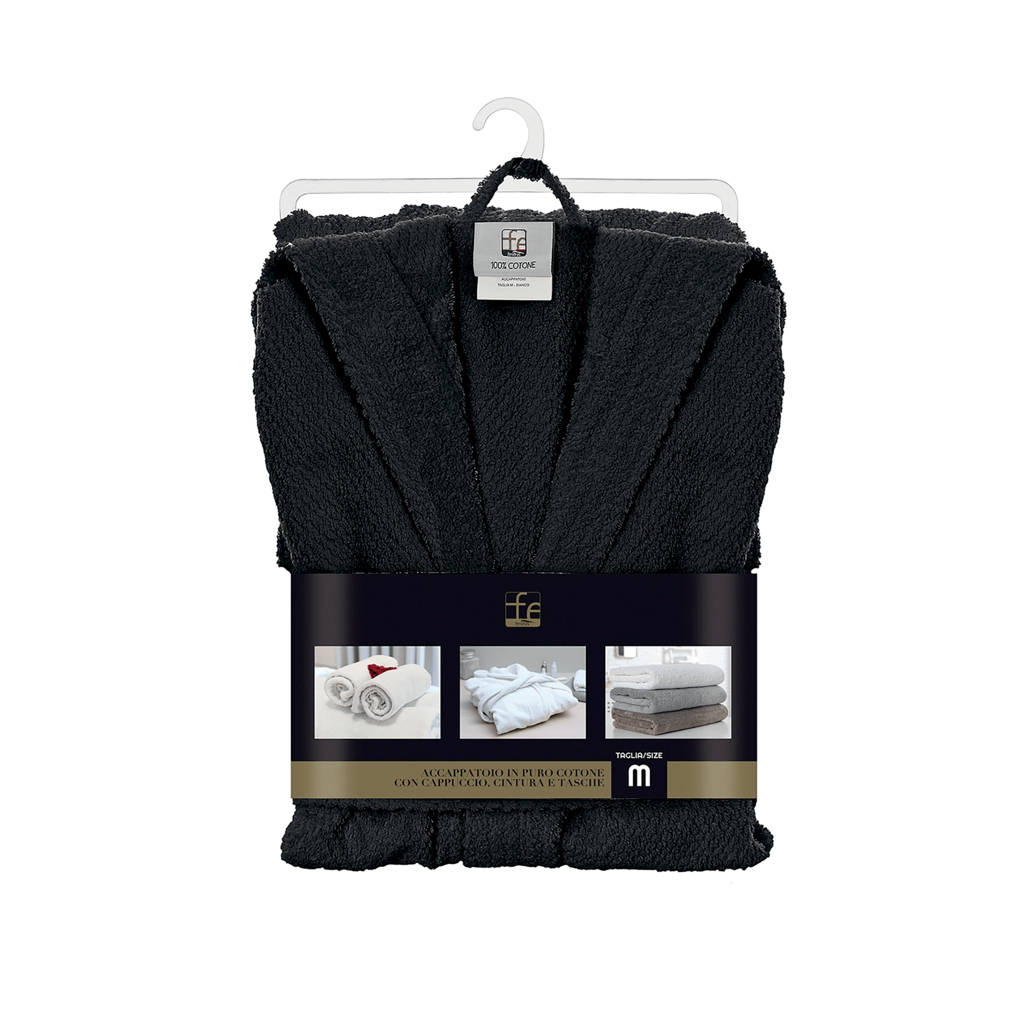 Accappatoio Bagno Con Cappuccio Tasche e Cintura Taglia S Feridras "Gold" Nero
