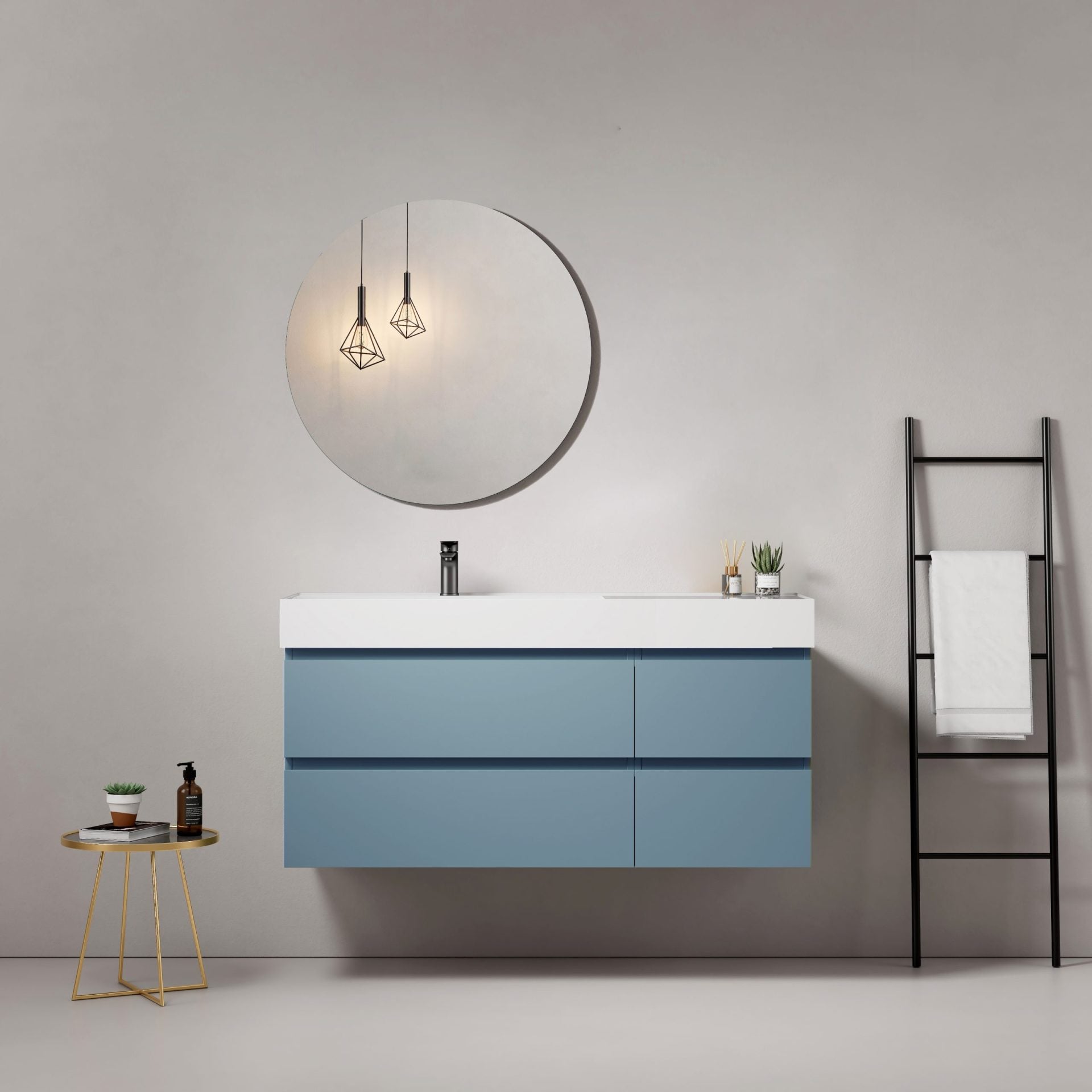 Mobile bagno sospeso 120 cm Blu Avio Lavabo a Sinistra in Resina Specchio Tondo - Fiji Paint