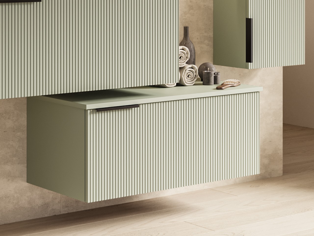 Cassettiera Sospesa AVIVO 90 cm Finitura Cannettata Verde Opaco-9024925