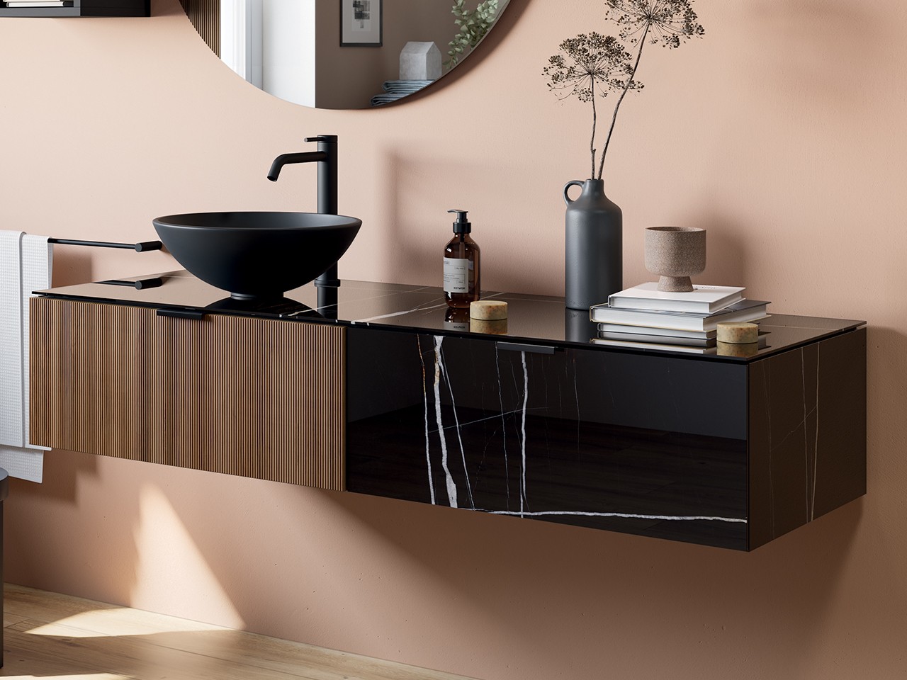 Cassettiera Sospesa CLASS GRES 140 cm 2 Cassetti Gres Marmo Sahara Noir e Noce Cannucciato con Top Gres Sahara Noir lucido-9016753