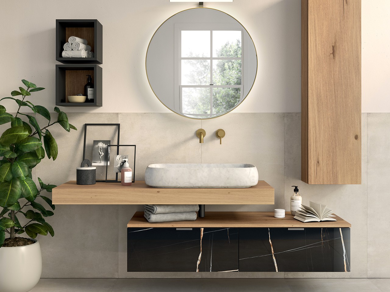 Cassettiera Sospesa CLASS GRES 140 cm 2 Cassetti in Gres Sahara Noir lucido e Top in legno sp. 1,8 Rovere Nodi-9016741