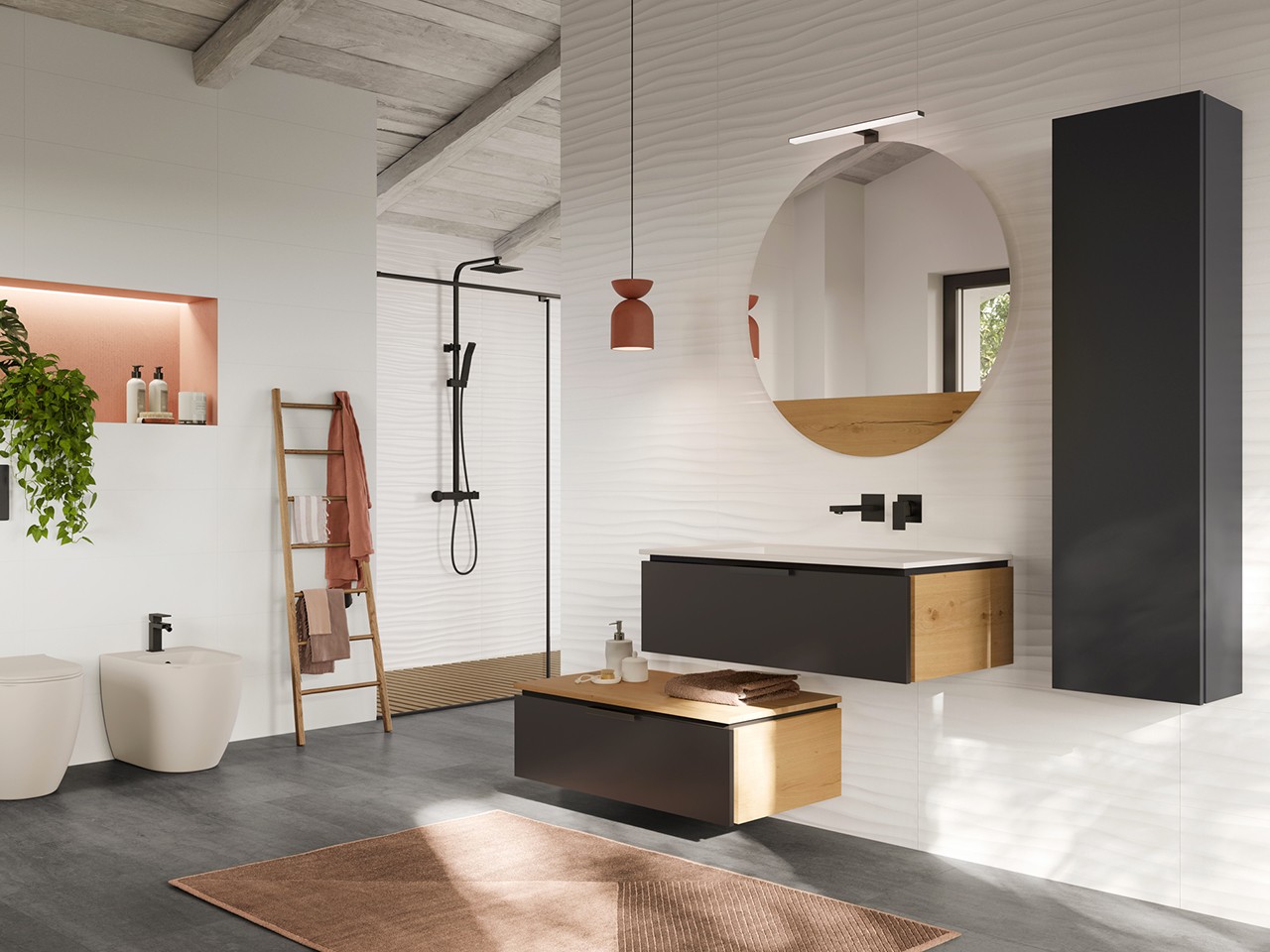 Cassettiera Touch 70 cm 1 Cassetto Phoenix Nero Opaco e Top 1,8 cm Rovere Nodi-9013978