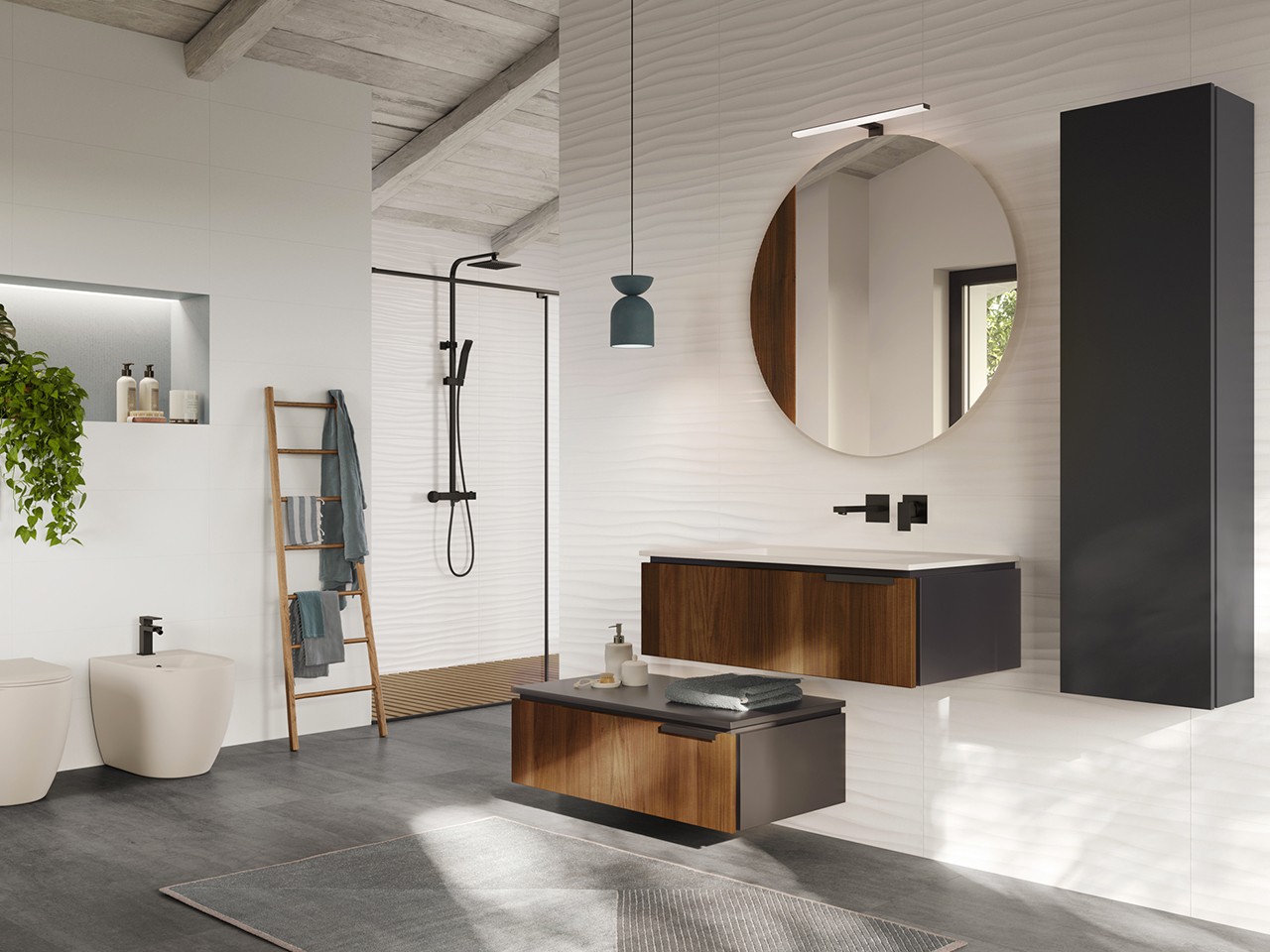 Cassettiera Blues 70 cm 1 Cassetto Noce Cannucciato/Phoenix Nero Opaco e Top 1,8 cm-9013982