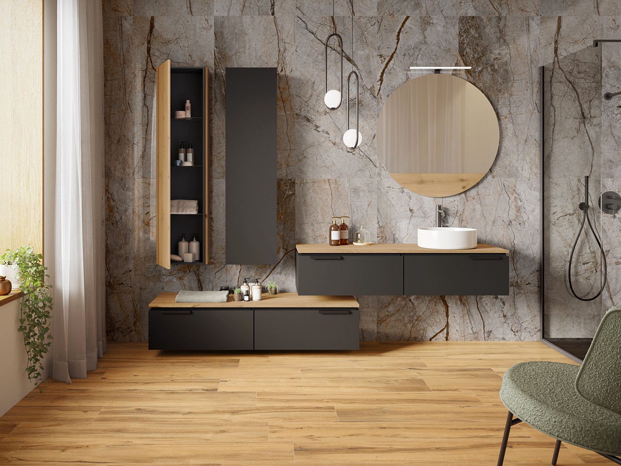 Cassettiera Touch 140 cm 2 Cassetti Phoenix Nero Opaco e Top 1,8 cm Rovere Nodi-9013829