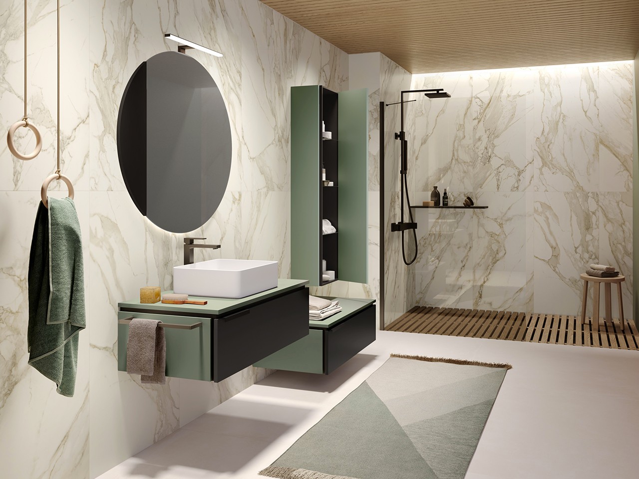 Cassettiera Touch 90 cm 1 Cassetto Phoenix Nero Opaco e Top 1,8 cm Verde Salvia Opaco-9013981