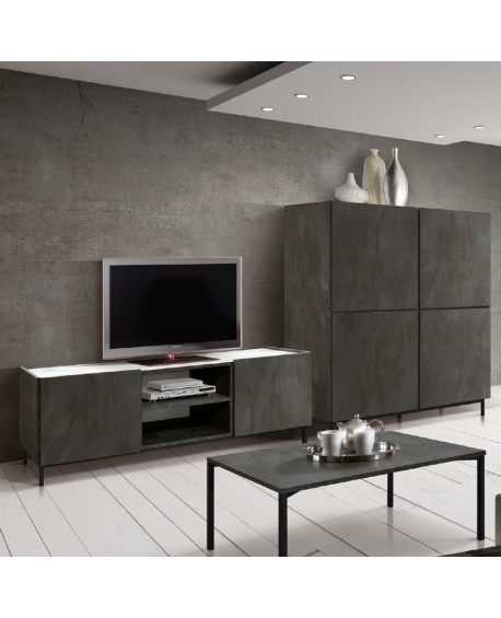 Base tv 2 ante ammortizzate e 2 vani 160x45 con piedi in metallo struttura acciaio ossidato e piano finitura bianco statuario