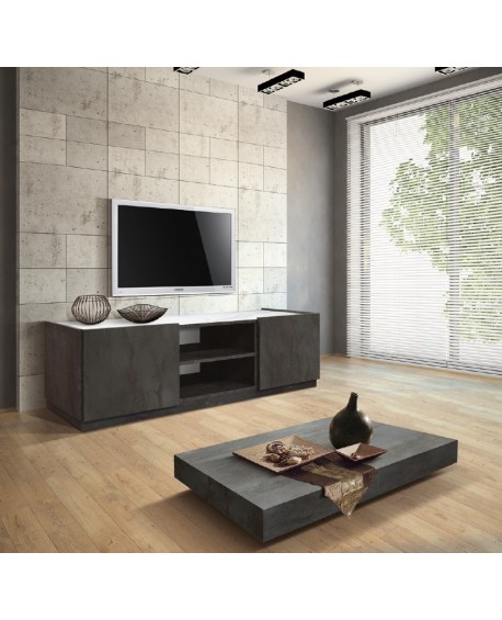 Base tv 2 ante ammortizzate e 2 vani 160x45 struttura acciaio ossidato e piano finitura bianco statuario