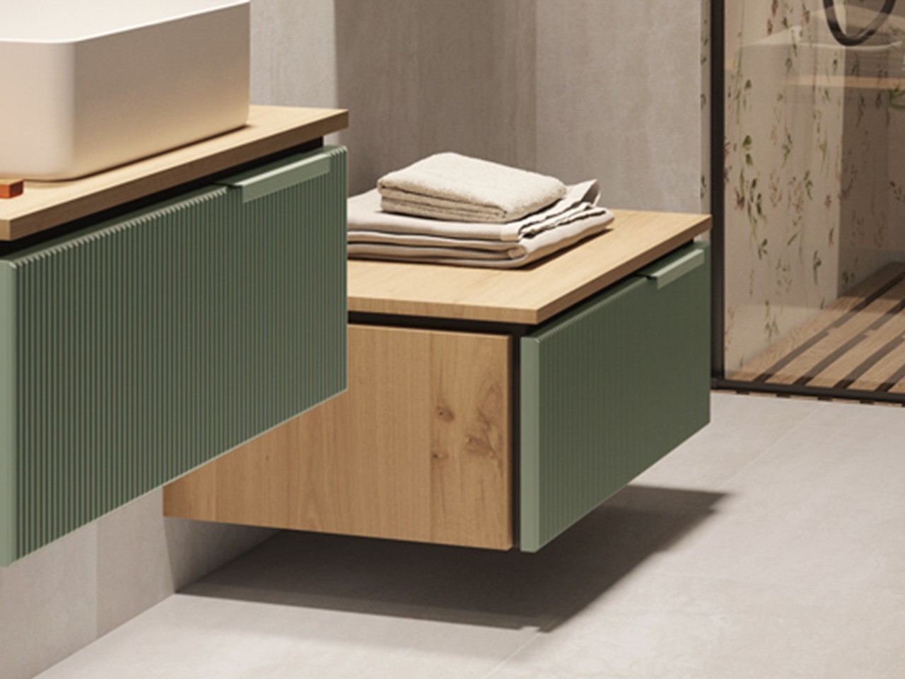 Cassettiera BLUES 70 cm 1 Cassetto Cannucciato Verde Salvia Opaco con Fianchi e Top 1,8 Rovere Nodi-9013140