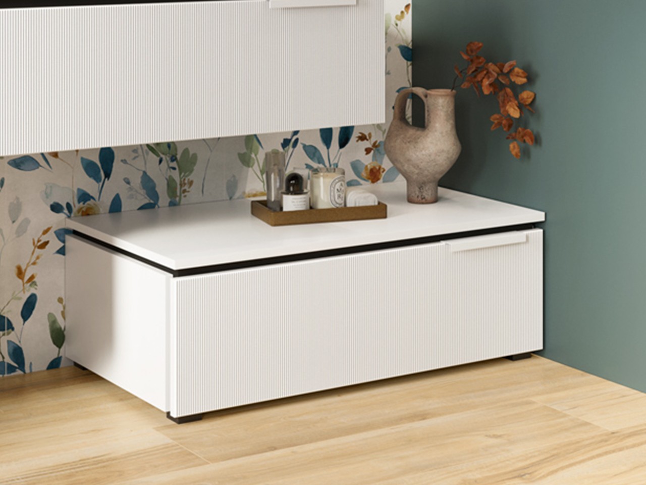 Cassettiera a terra BLUES 90 cm 1 Cassetto Cannucciato Bianco Opaco-9013147