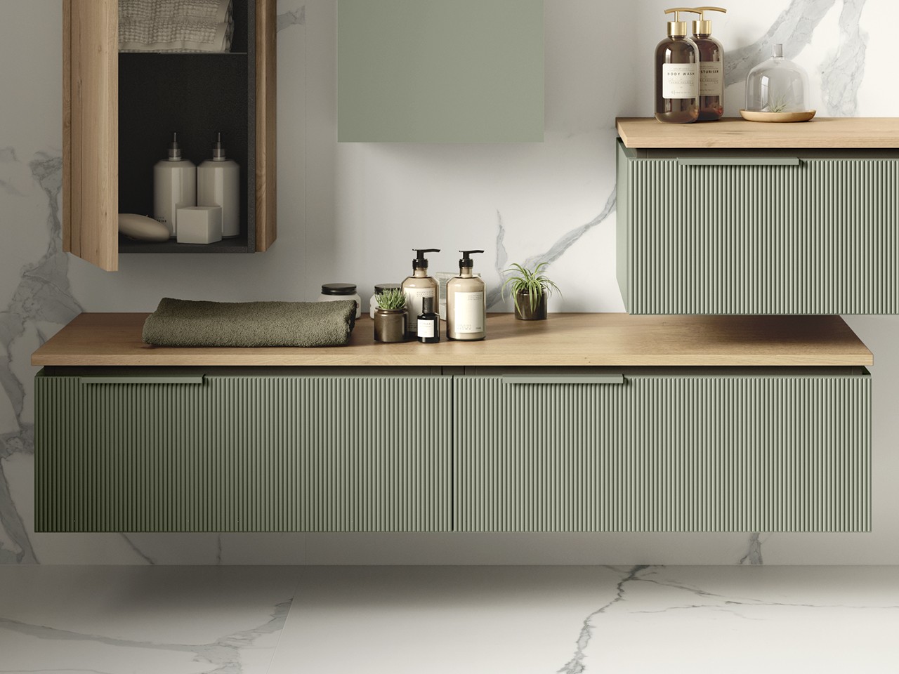 Cassettiera BLUES 140 cm 2 Cassetti Cannucciati Verde Salvia Opaco e Top 1,8 cm Rovere Nodi-9012701