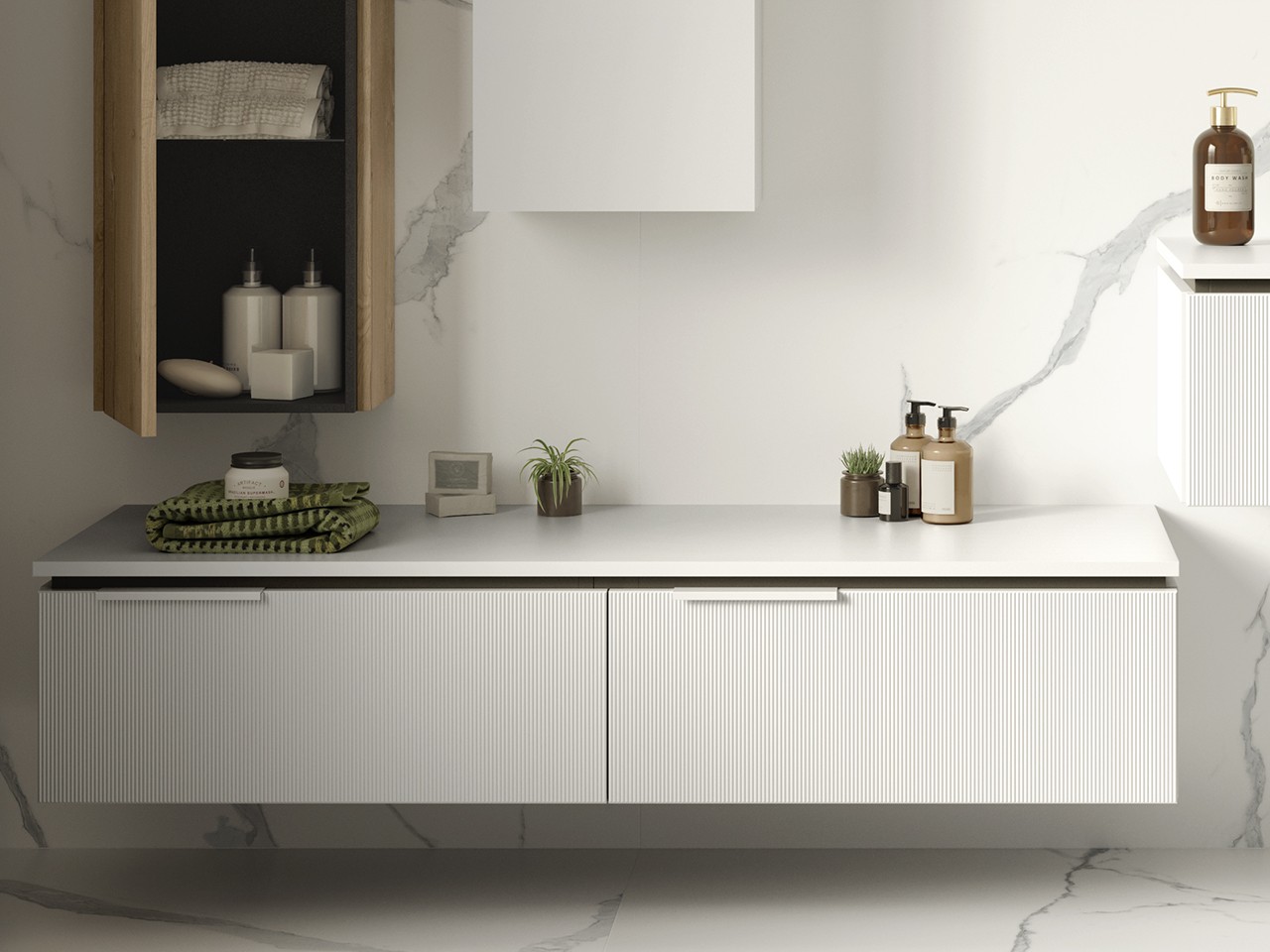 Cassettiera BLUES 140 cm 2 Cassetti Cannucciati Bianco Opaco-9012699