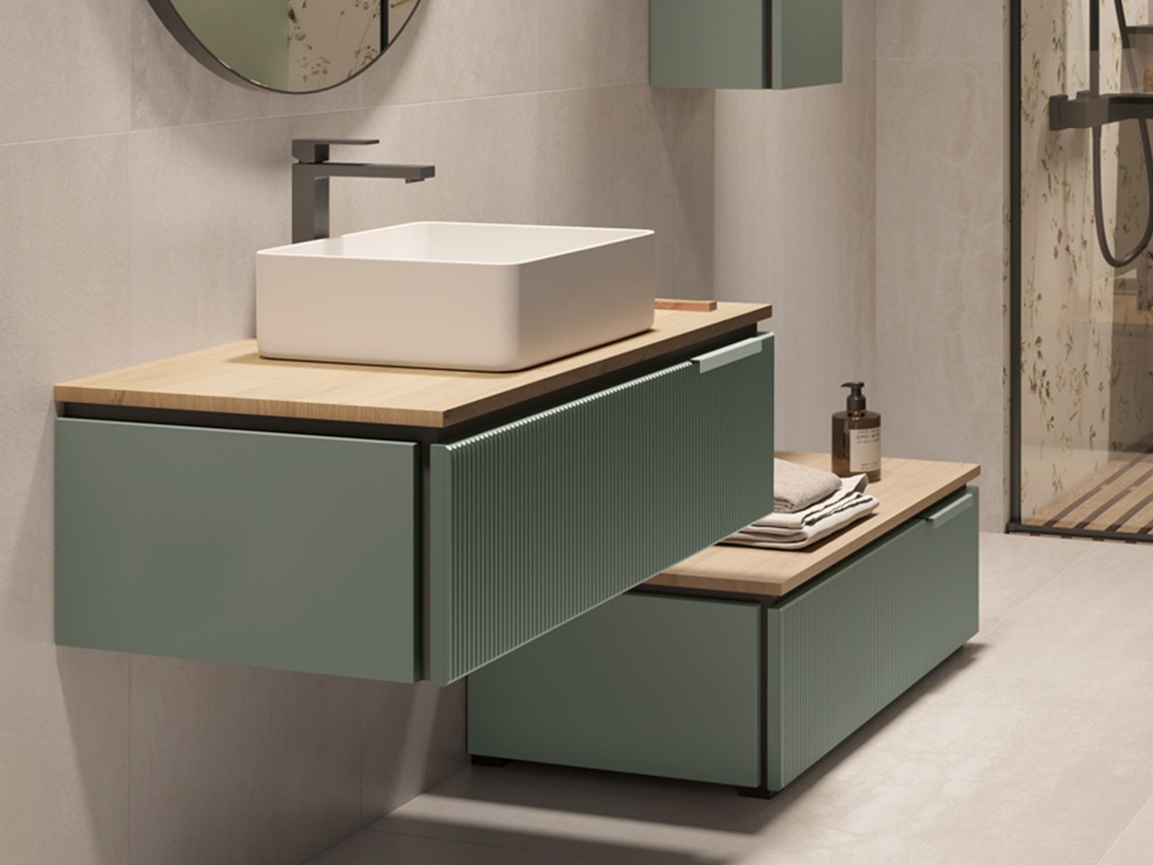 Cassettiera BLUES 70 cm 1 Cassetto Cannucciato Verde Salvia Opaco e Top 1,8 Rovere Nodi-9012705