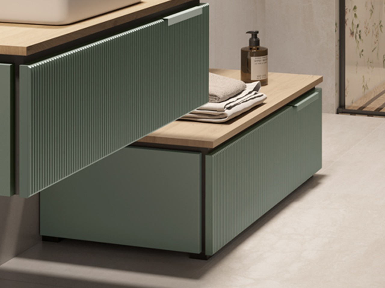 Cassettiera a terra BLUES 90 cm 1 Cassetto Cannucciato Verde Salvia Opaco e Top 1,8 Rovere Nodi-9013142