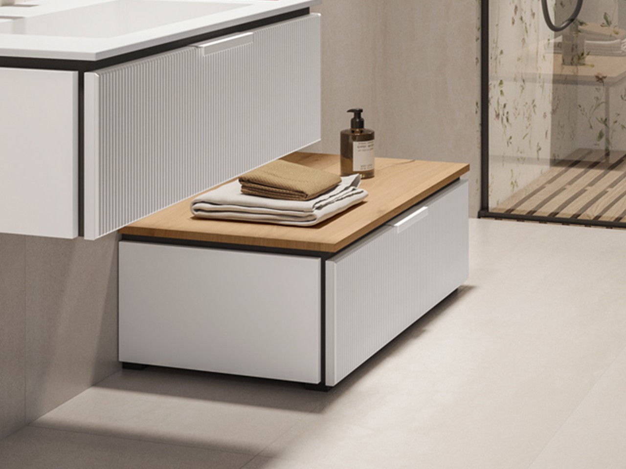 Cassettiera a terra BLUES 70 cm 1 Cassetto Cannucciato Bianco Opaco e Top 1,8 Rovere Nodi-9013138