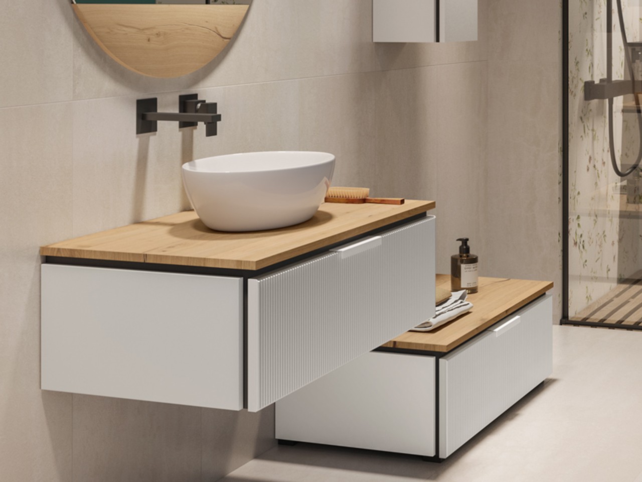 Cassettiera BLUES 70 cm 1 Cassetto Cannucciato Bianco Opaco e Top 1,8 Rovere Nodi-9012703