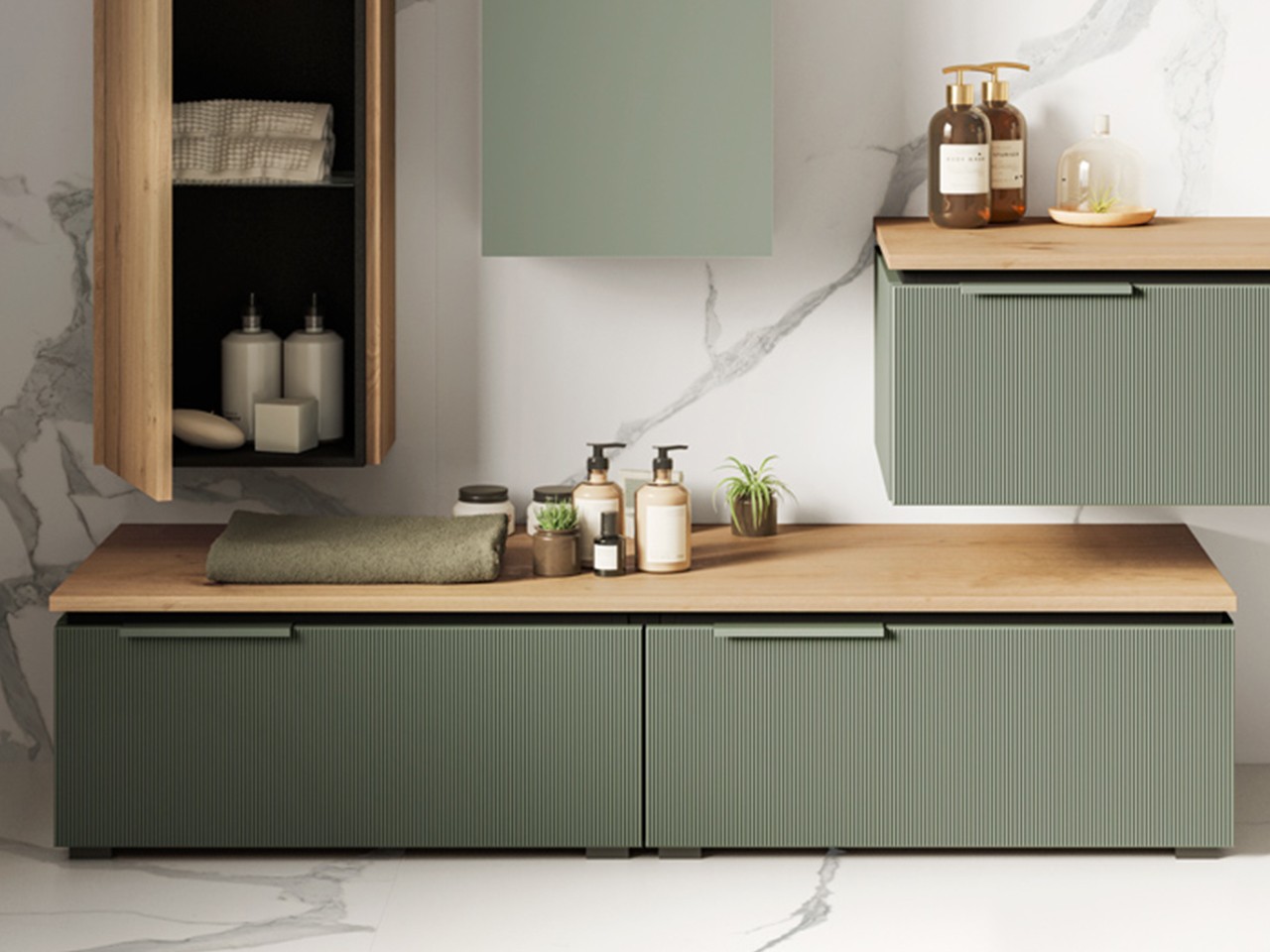 Cassettiera a terra BLUES 140 cm 2 Cassetti Cannucciati Verde Salvia Opaco e Top 1,8 cm Rovere Nodi-9013137