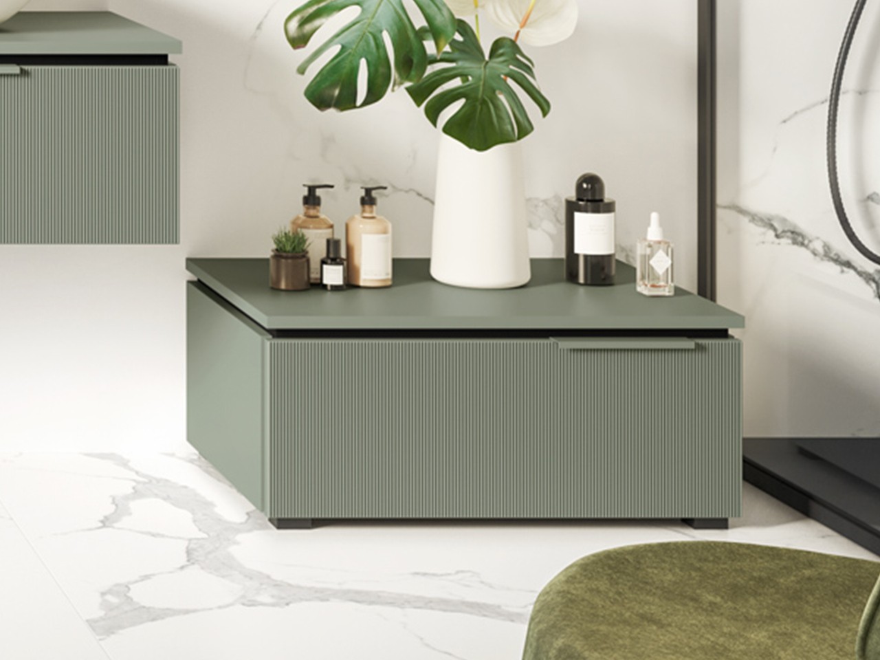 Cassettiera a terra BLUES 90 cm 1 Cassetto Cannucciato Verde Salvia Opaco-9013148