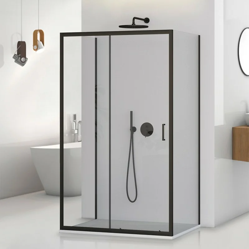 Box doccia 3 lati 80x100x80 nero opaco con porta scorrevole Tay
