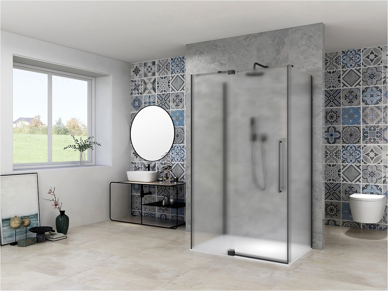 Box Doccia 3 Lati Mantra 100x70 H200 Est 69/71 - 93/100 Cristalli 8 mm Corrugati e Profili Nero Opaco-9020336