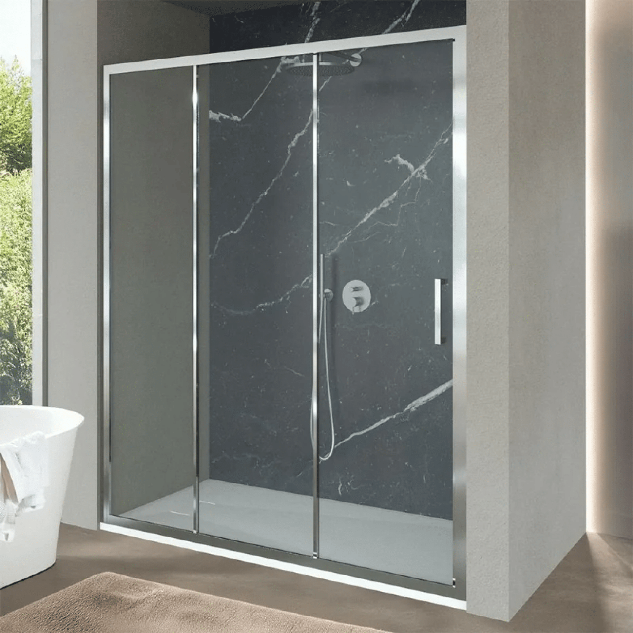 Box Doccia Scorrevole 3 Porte 170 Cm Feridras "T-Squared" Alluminio Lucido/Vetro Trasparente