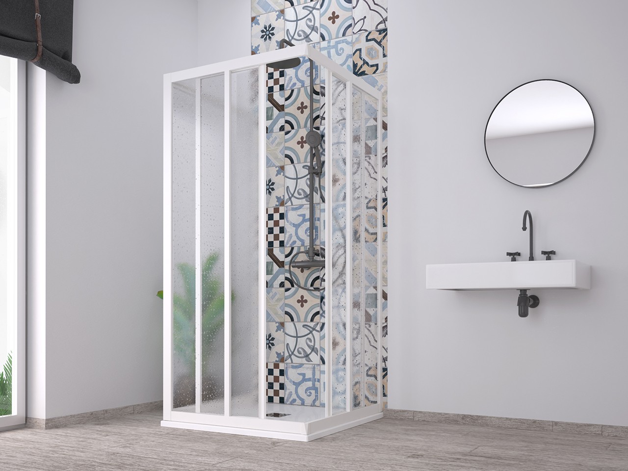 Box Doccia Skill 2 Ante Scorrevoli Lato Fisso 67-70 x 100-95 x 70-65 H190,2 Acrilico SemiTrasp Effetto Bagnato Bianco-9010480