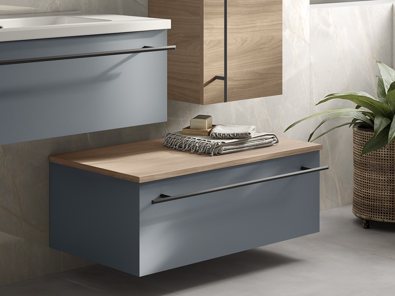 Cassettiera Sospesa LUMI L60xP46,5 cm Poro Noce/Azzurro Opaco-9024717