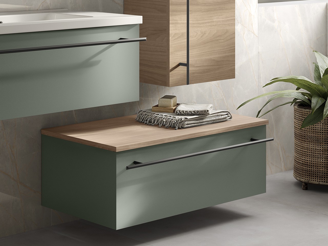 Cassettiera Sospesa LUMI L60xP46,5 cm Poro Noce/Verde Opaco-9024718