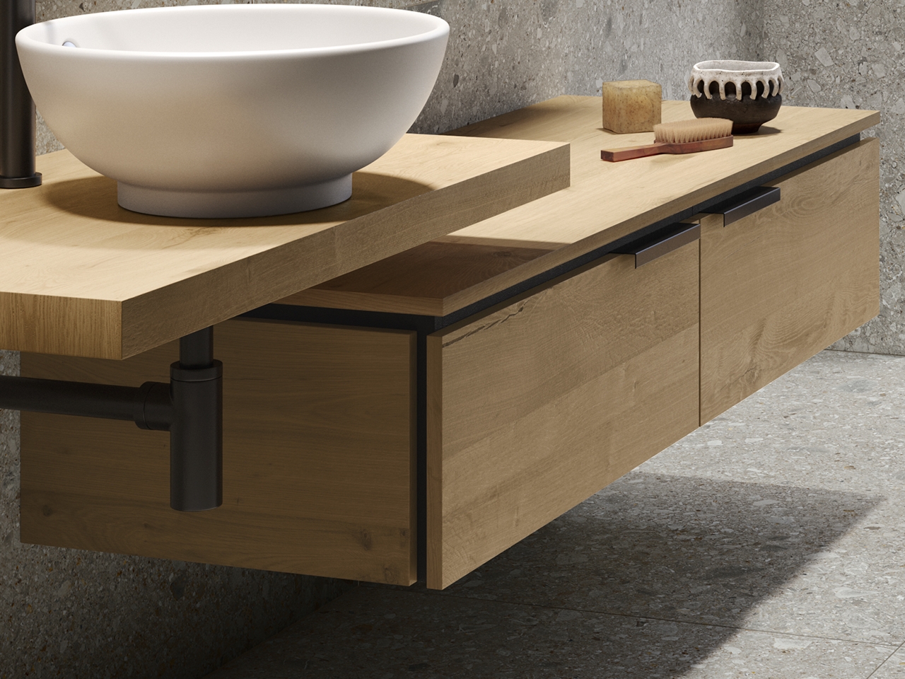 Cassettiera Sospesa OXYGEN 140 cm 2 Cassetti e Top in Legno Naturale Rovere Nodi-9011339