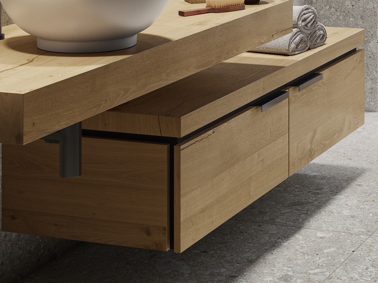 Cassettiera Sospesa OXYGEN 140 cm 2 Cassetti in Linea e Top in Legno Naturale Rovere Nodi-9011340