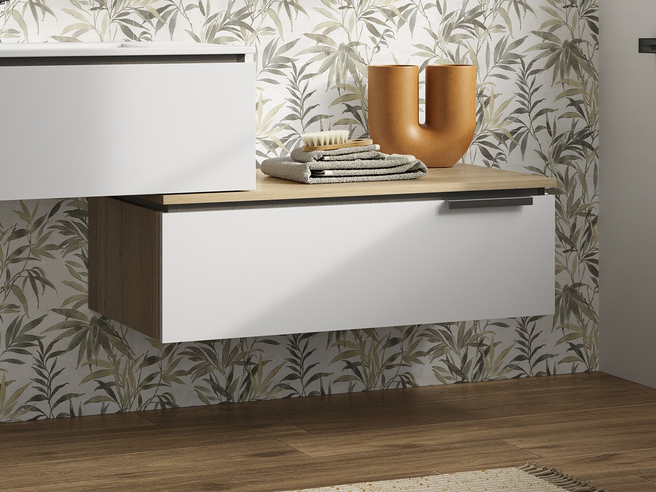 Cassettiera TOUCH 70 cm 1 Cassetto Bianco Opaco e Top 1,8 cm Rovere Nodi-9012018