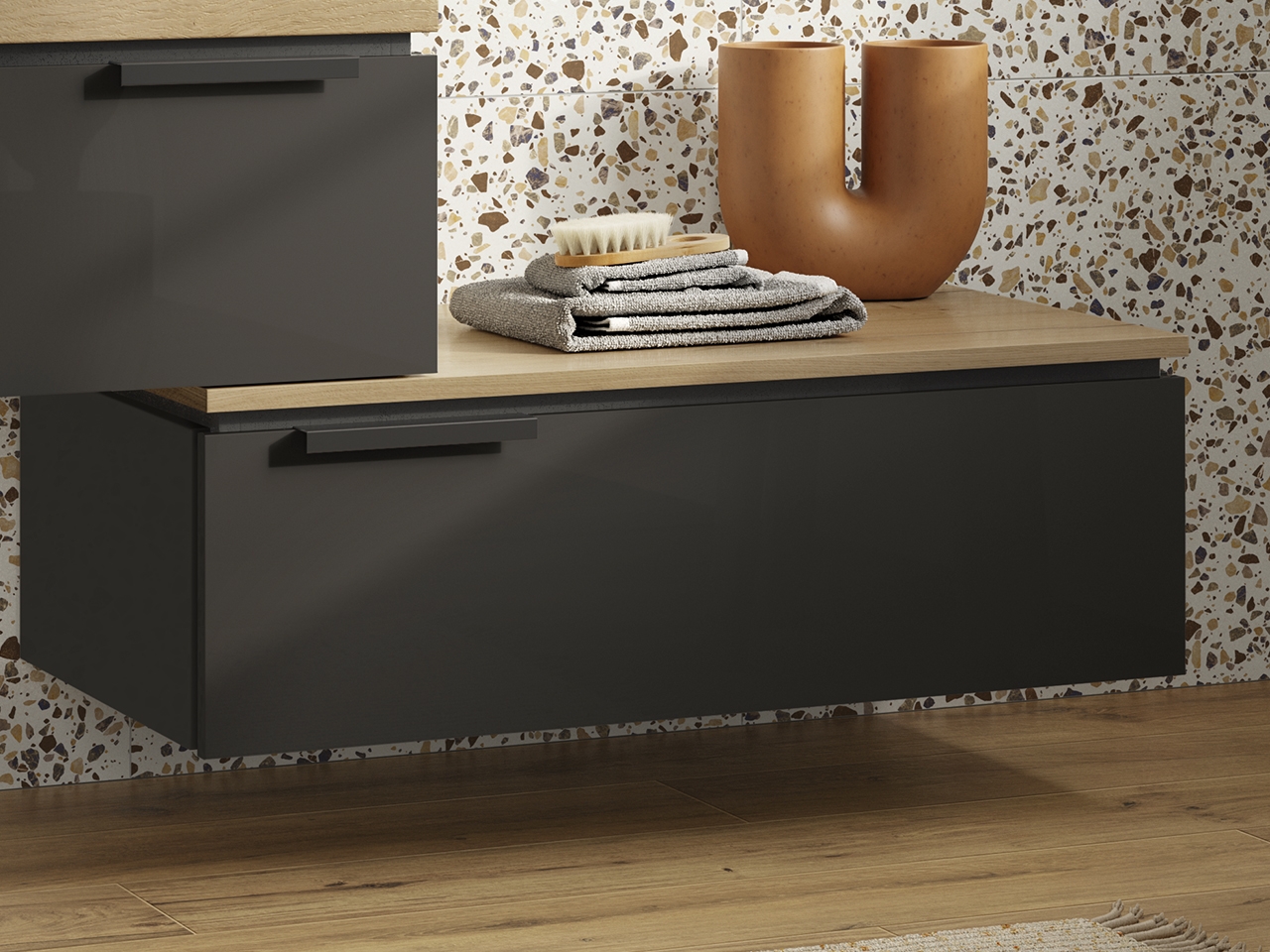 Cassettiera TOUCH 90 cm 1 Cassetto Antracite Lucido e Top Rovere Nodi-9011398