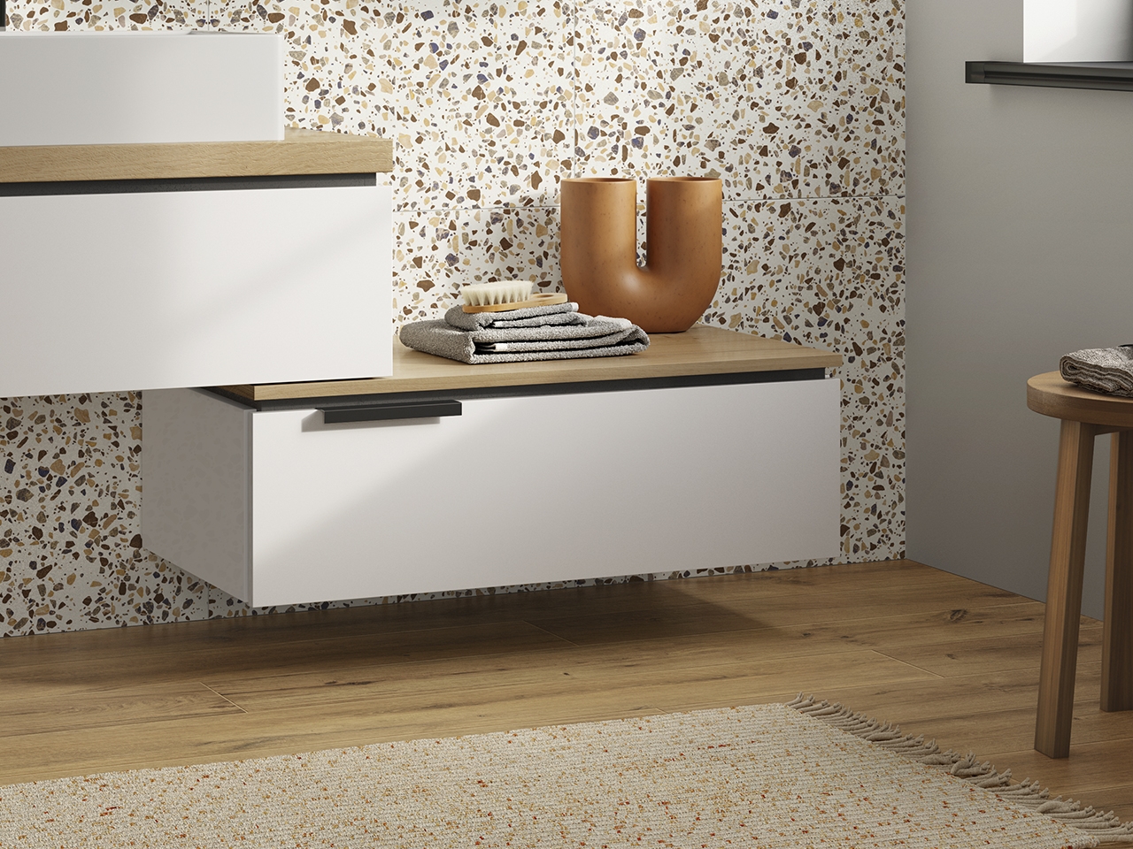 Cassettiera TOUCH 90 cm 1 Cassetto Bianco Lucido e Top Rovere Nodi-9011399