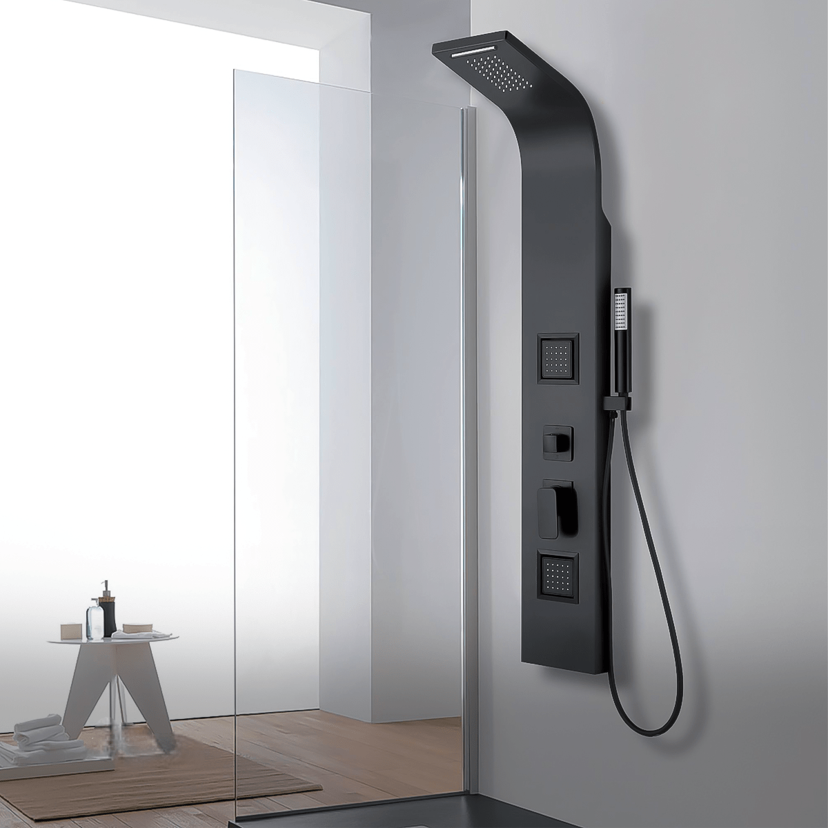 Colonna Doccia Idromassaggio Con Effetto Cascata e Kit Doccetta Korzilius "Vulcano" Nero Opaco