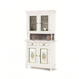 CREDENZA BASE + ALZATAVETRINA LEGNO DECORATA COL BIANCO OPACO DECORI VERDE - codluis 338