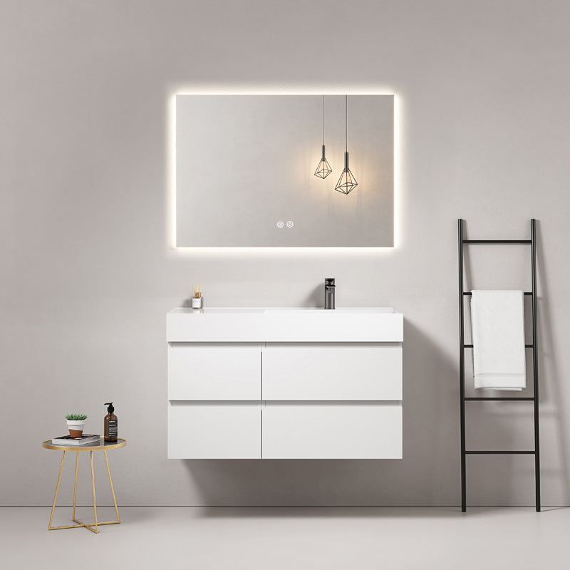 Mobile bagno sospeso 100 cm Bianco Lavabo a Destra in Resina Specchio Quadro Retroilluminato - Fiji Paint