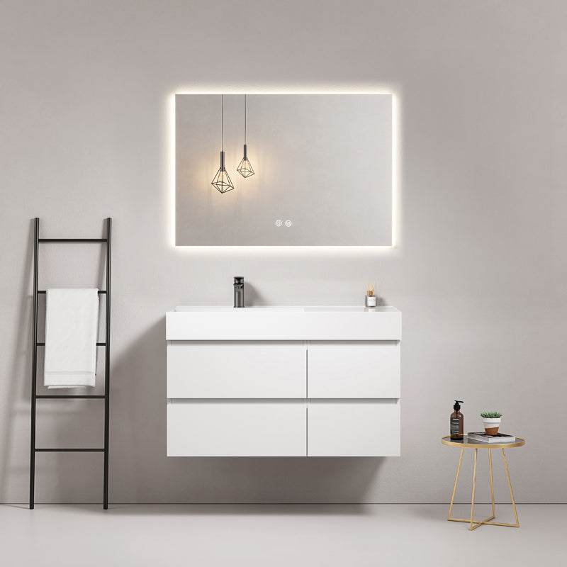 Mobile bagno sospeso 100 cm Bianco Lavabo a Sinistra in Resina Specchio Quadro Retroilluminato - Fiji Paint