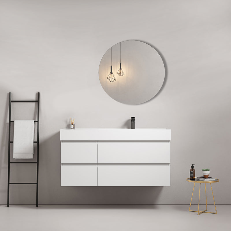 Mobile bagno sospeso 120 cm Bianco Lavabo a Destra in Resina Specchio Tondo - Fiji Paint
