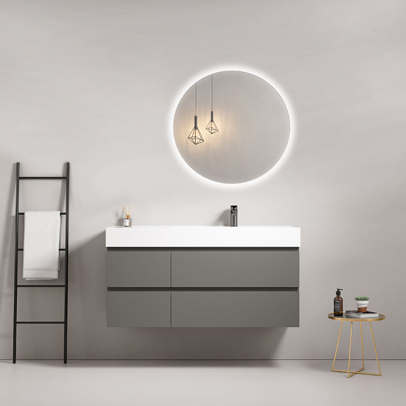 Mobile bagno sospeso 120 cm Grigio Londra Lavabo a Destra in Resina Specchio Tondo Retroilluminato - Fiji Paint