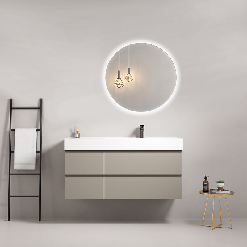 Mobile bagno sospeso 120 cm Grigio Cenere Lavabo a Destra in Resina Specchio Tondo Retroilluminato - Fiji Paint