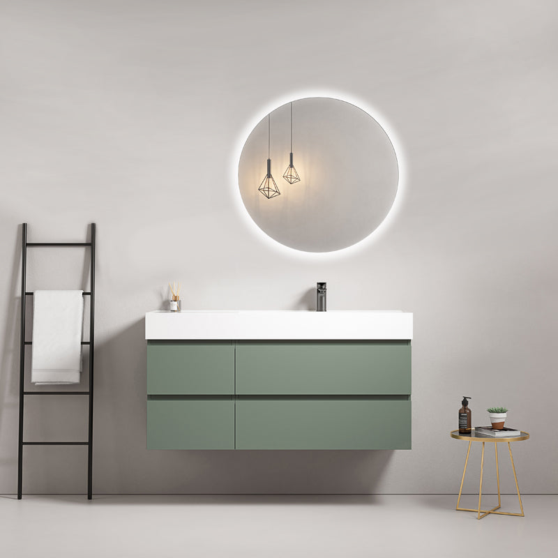 Mobile bagno sospeso 120 cm Verde Salvia Lavabo a Destra in Resina Specchio Tondo Retroilluminato - Fiji Paint