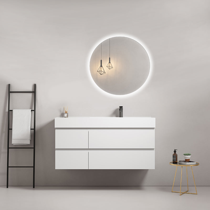 Mobile bagno sospeso 120 cm Bianco Lavabo a Destra in Resina Specchio Tondo Retroilluminato - Fiji Paint