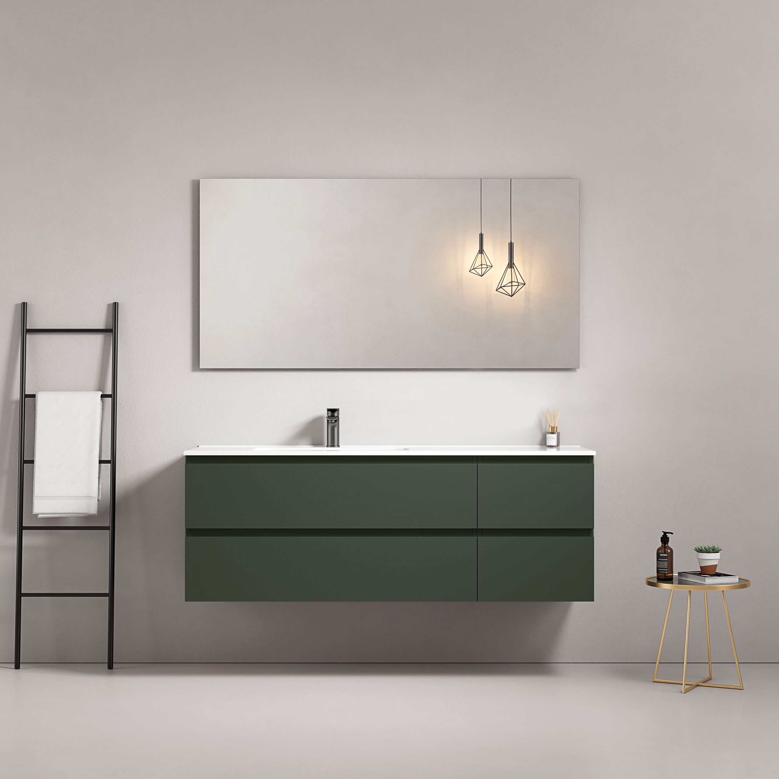 Mobile bagno sospeso 140 cm Verde Comodoro Lavabo a Sinistra in Resina Specchio Quadro - Fiji Paint