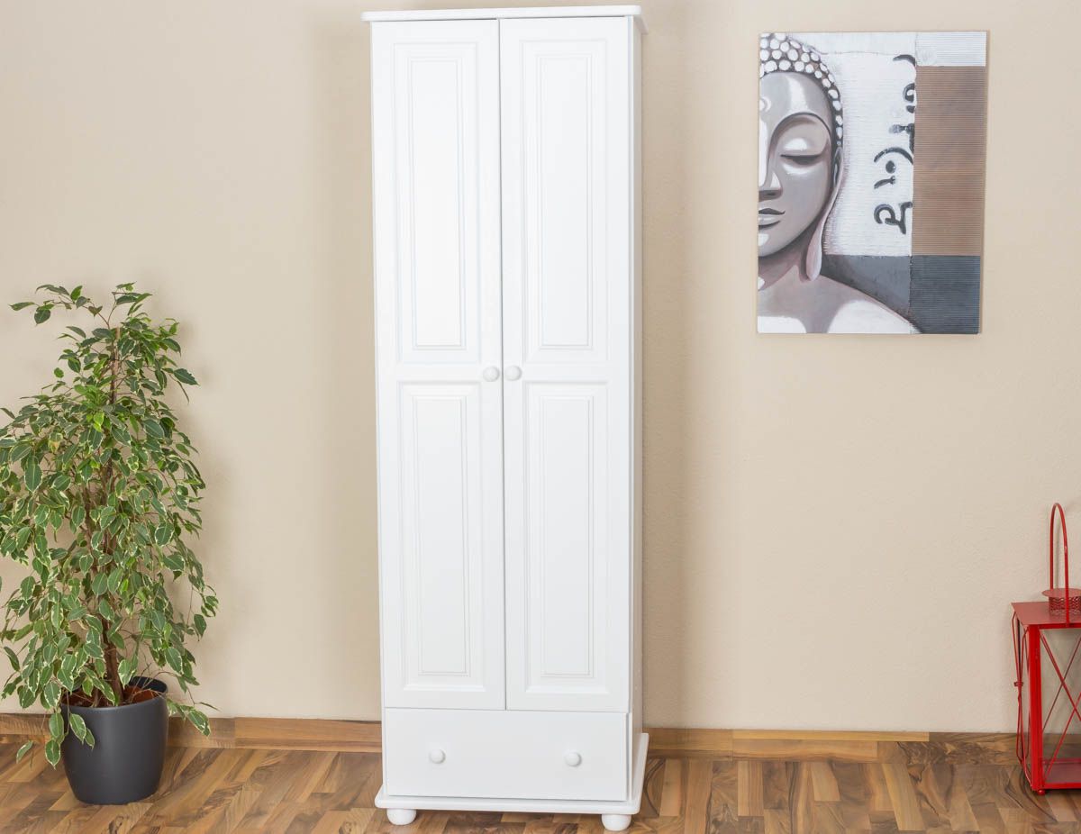 Armadio "Junco" 15B, pino massiccio, bianco - 195 x 65 x 59 cm