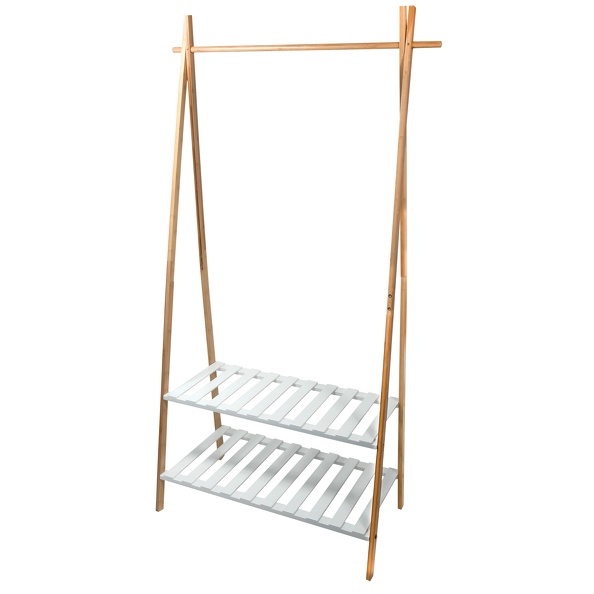 Appendiabiti in bambù con due ripiani modello Mia - Bianco, Nero e Bambù