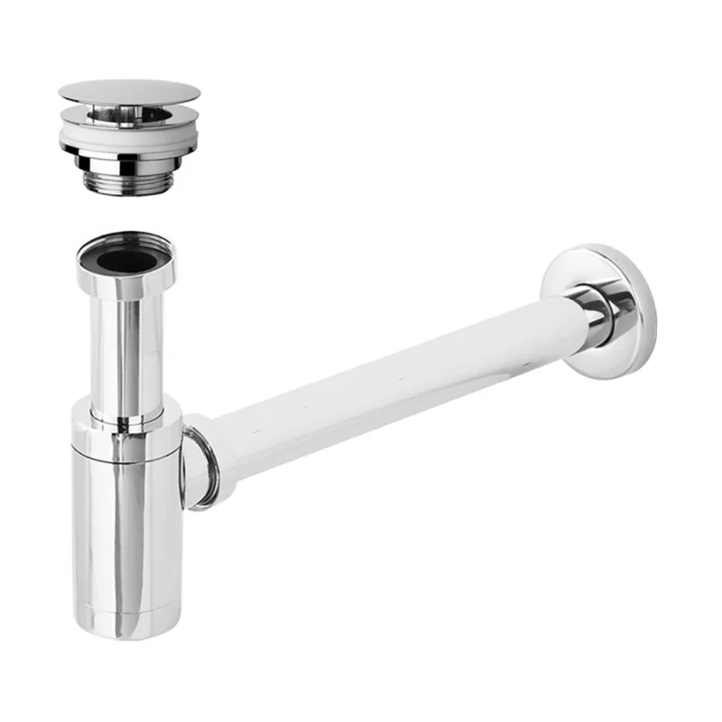 Kit di scarico con sifone tondo e piletta a scarico libero con vite centrale in acciaio cromato