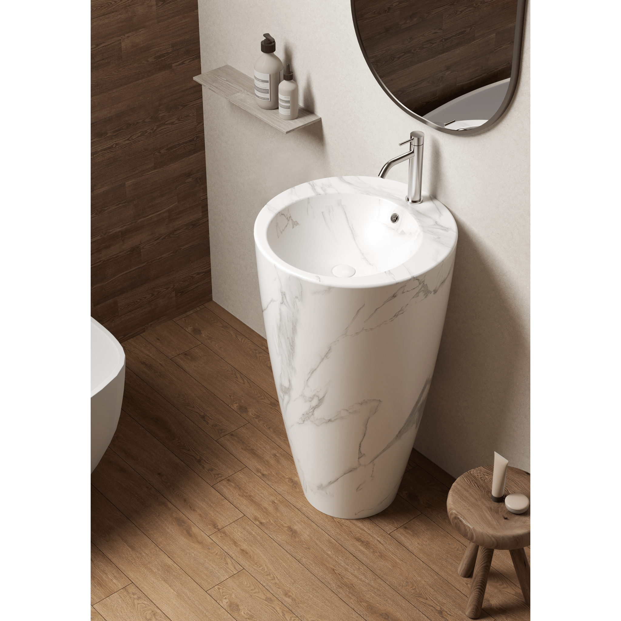 Lavabo Freestanding Con Scarico a Parete 50 Cm Marmonizzato Bianco Opaco