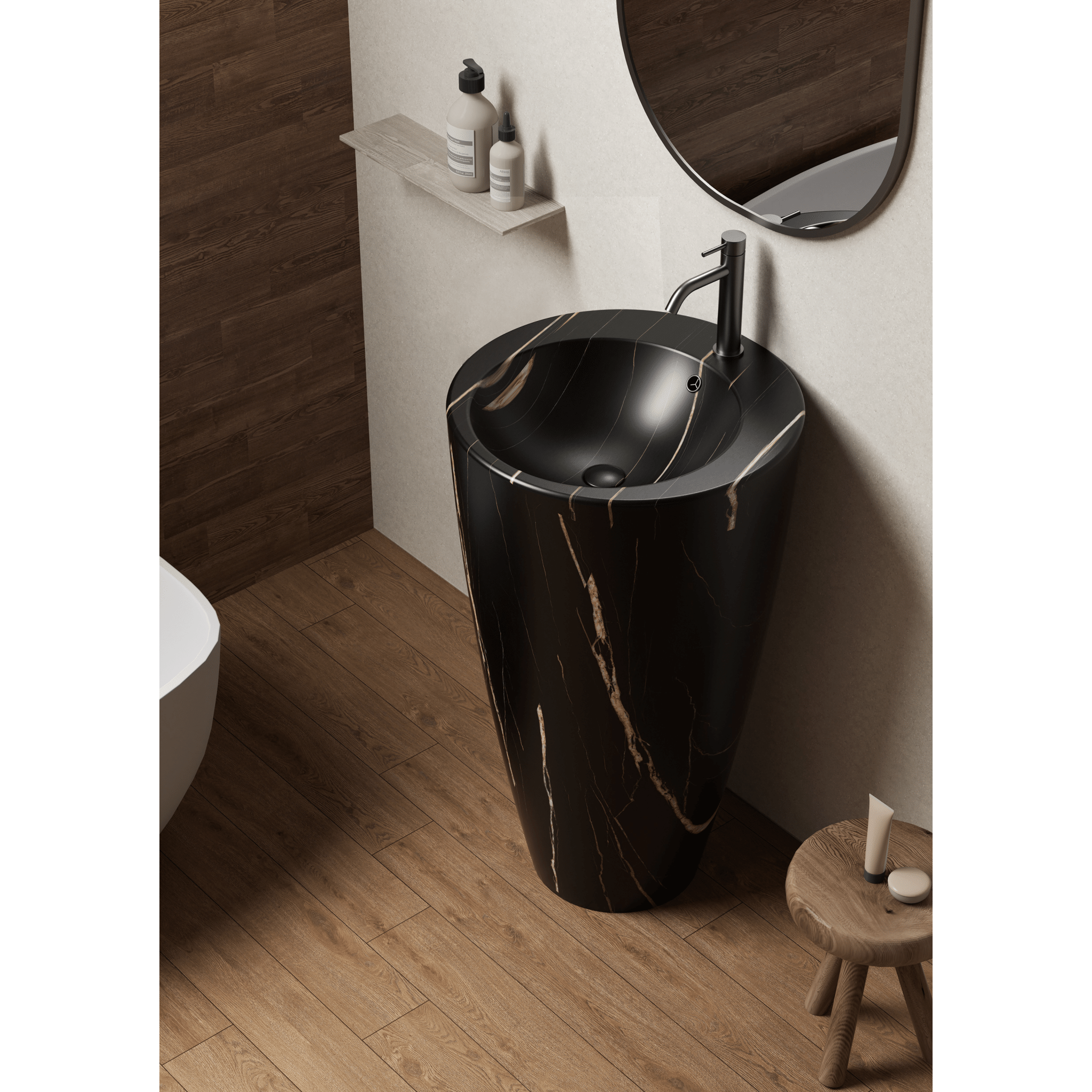 Lavabo Freestanding Con Scarico a Parete 50 Cm Marmonizzato Nero Opaco